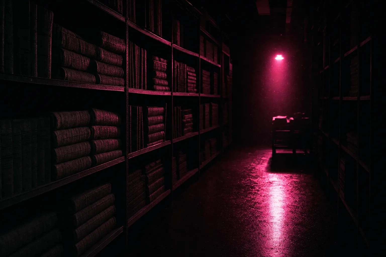 A dark newspaper archive, shelves of bound volumes lit by one pink light