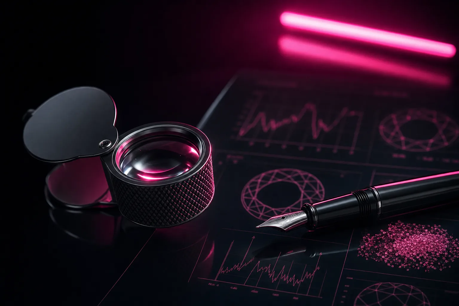 A jeweller loupe over printed charts, pink rim light