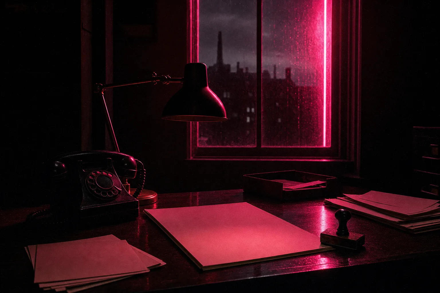 A late night editor desk with a telephone and rubber stamp, lit by pink neon from the window