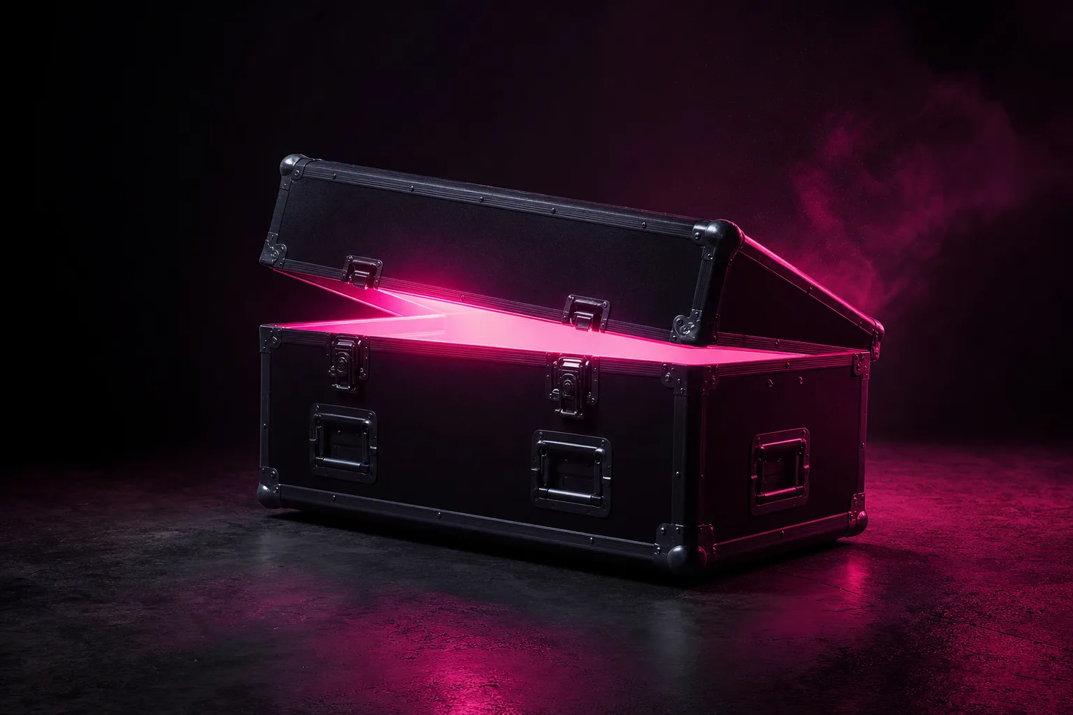 A black flight case open with pink light spilling out