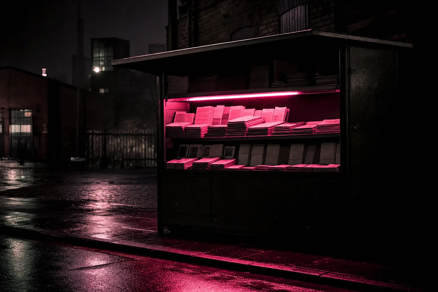 A dark street newsstand at night, one shelf of papers lit hot pink