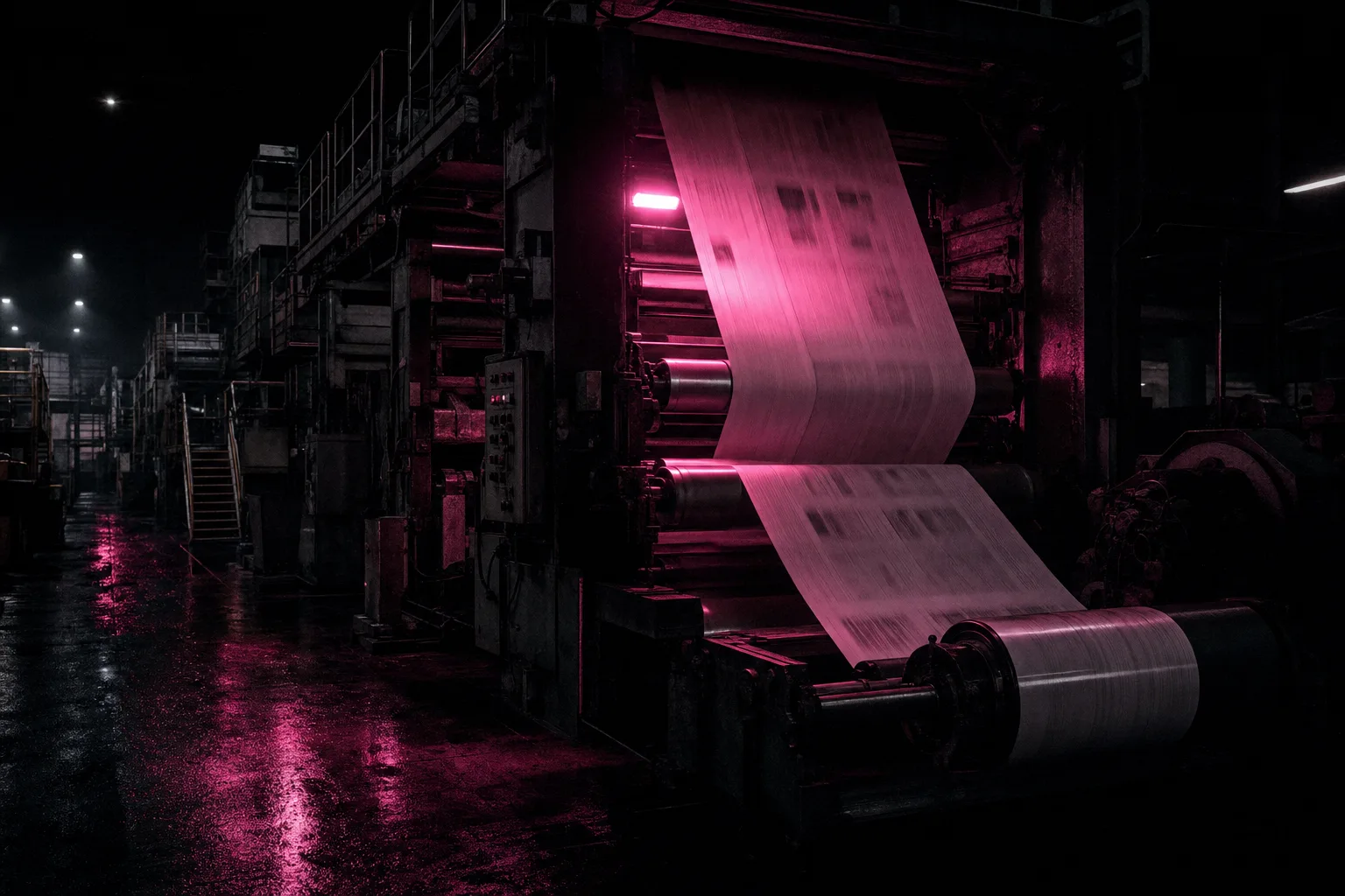 A newspaper printing press running at night, the paper web lit pink between the rollers