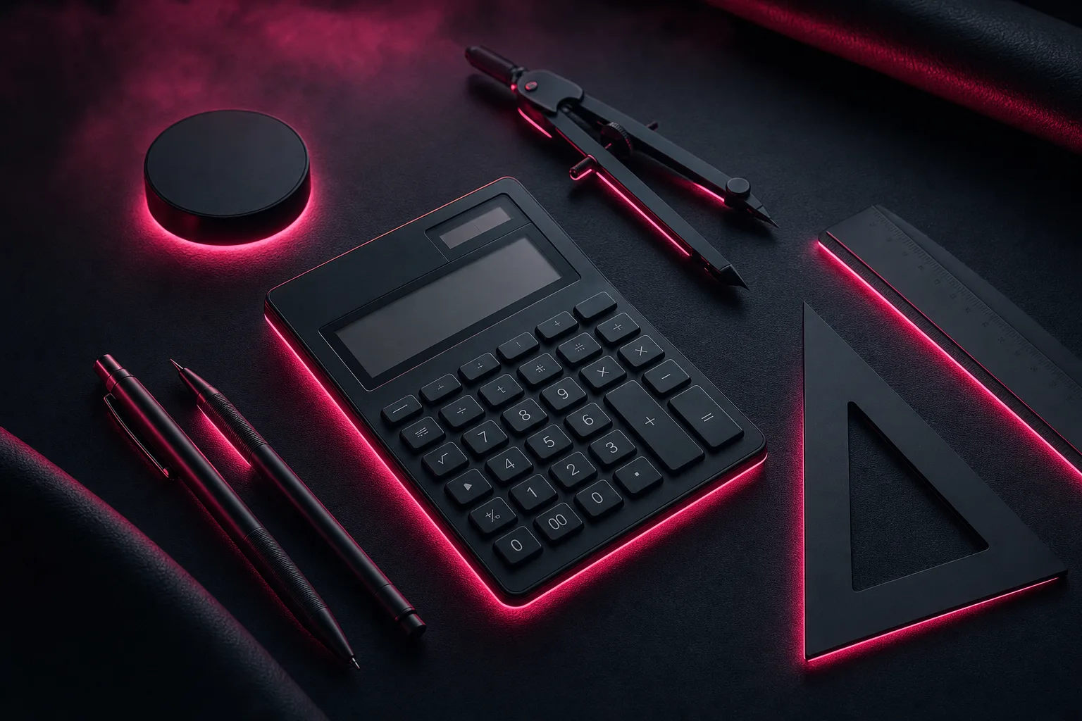 A matte black calculator and drafting tools edged in pink neon