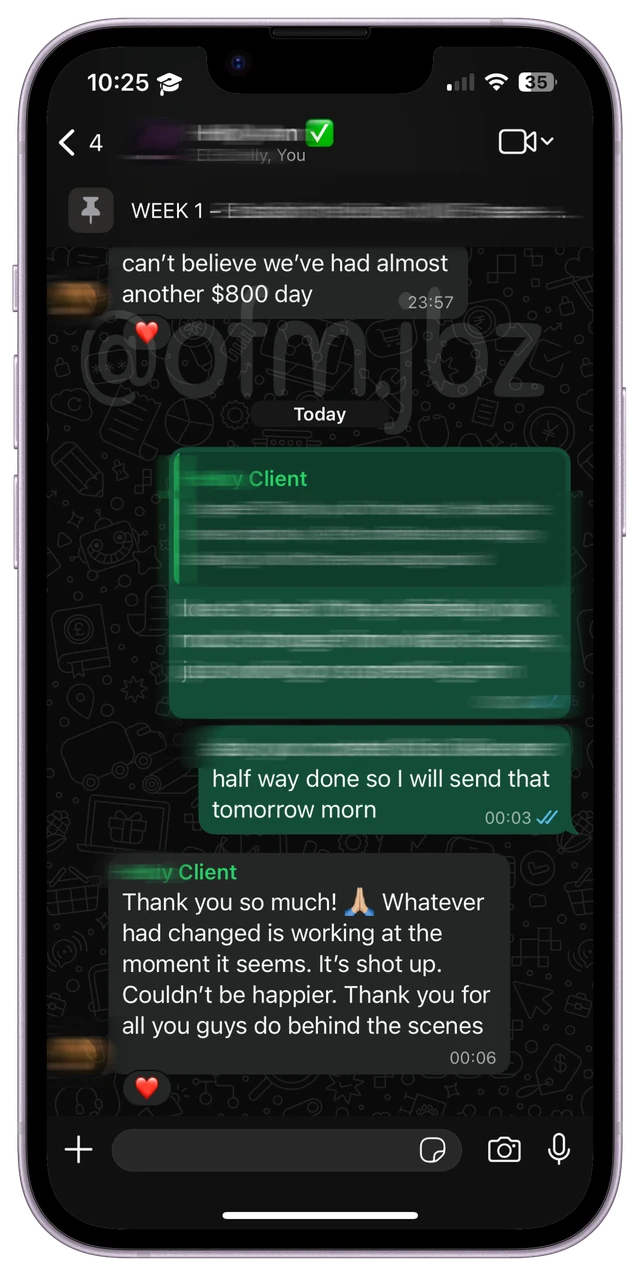 WhatsApp message from creator expressing satisfaction with results